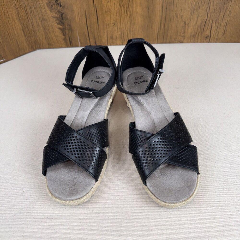 Earth Origins Naples Natasha Black Leather Ankle Strap Wedge Heel Sandals 8.5M